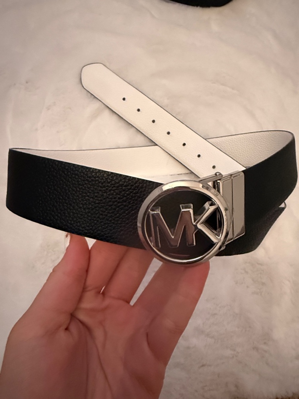 Reversible Michael Kors Black and White Leather Belt with Silver MK buckle